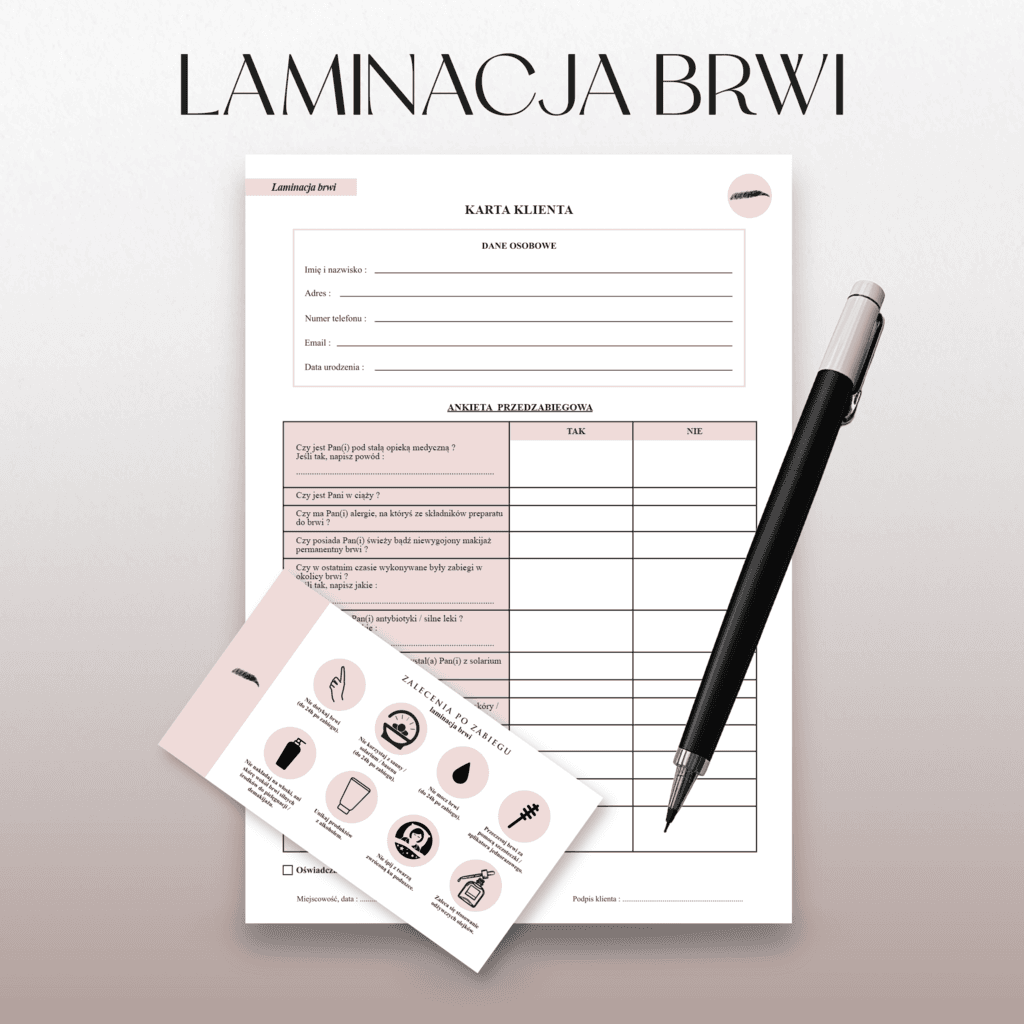 LAMINACJA BRWI  – Anna Miakienko; dokumenty zabiegowe