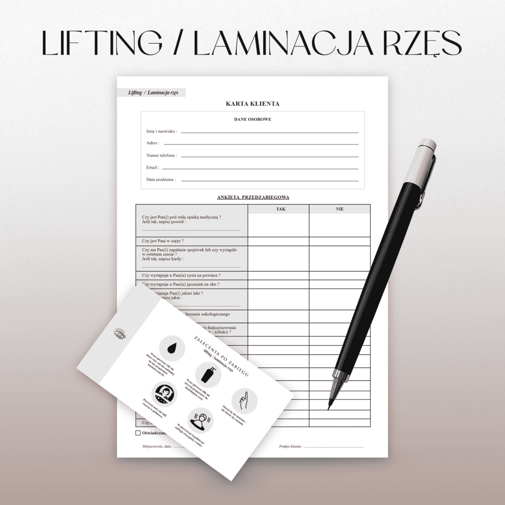 LIFTING / LAMINACJA RZĘS – Anna Miakienko; dokumenty zabiegowe