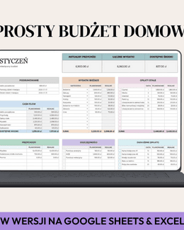 Prosty planer budżetu domowego Excel i Google Sheets - @fajnedodruku; planer